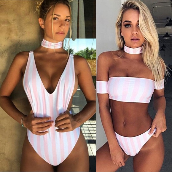 BOGO 1\2 OFF Pink&White Striped Bikini With Choker - Picture 5 of 8